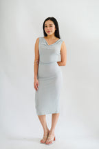 Moonstone Cowl Neck Ruched Bodycon Dress in Grey Blue