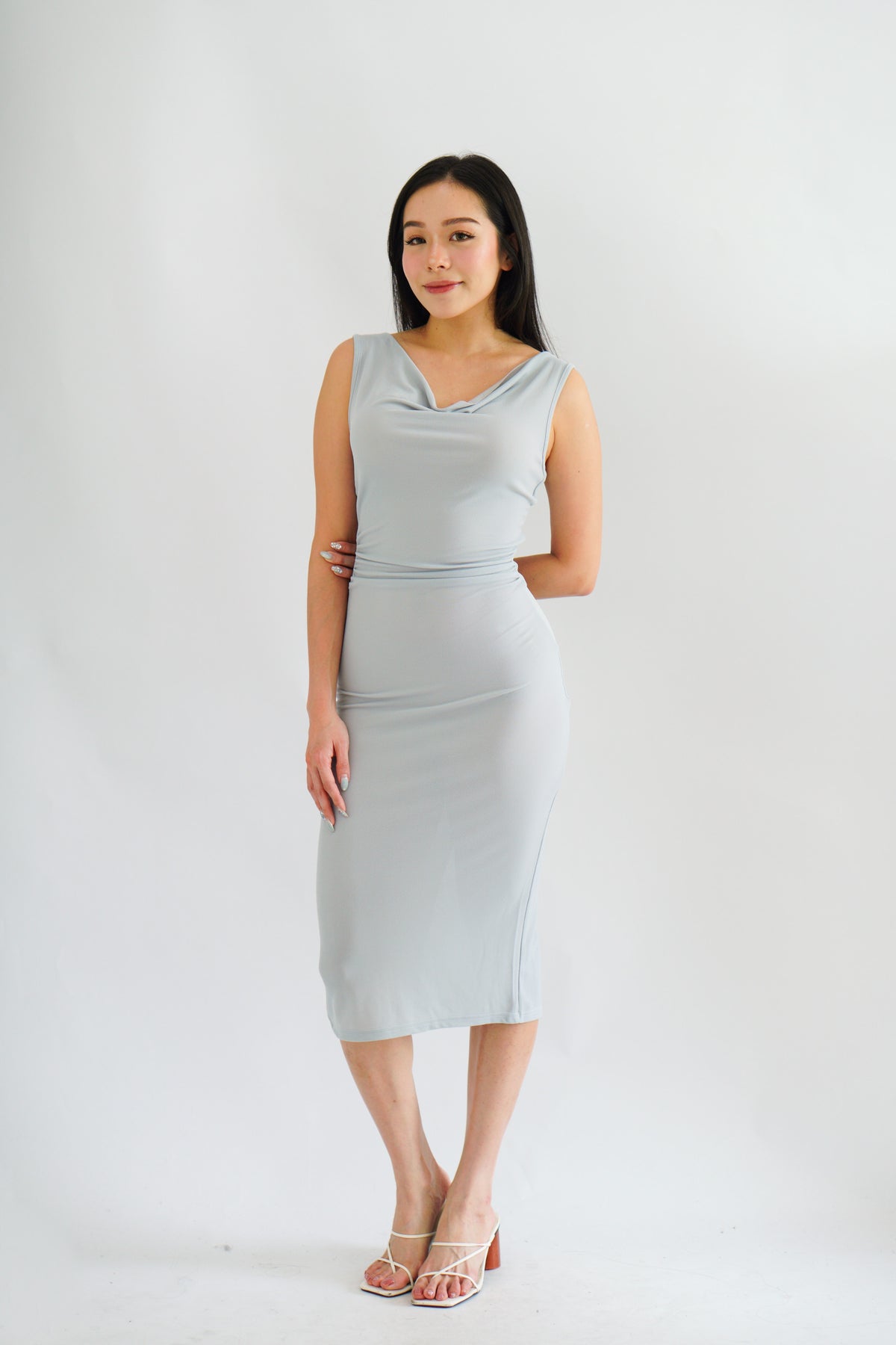 Moonstone Cowl Neck Ruched Bodycon Dress in Grey Blue