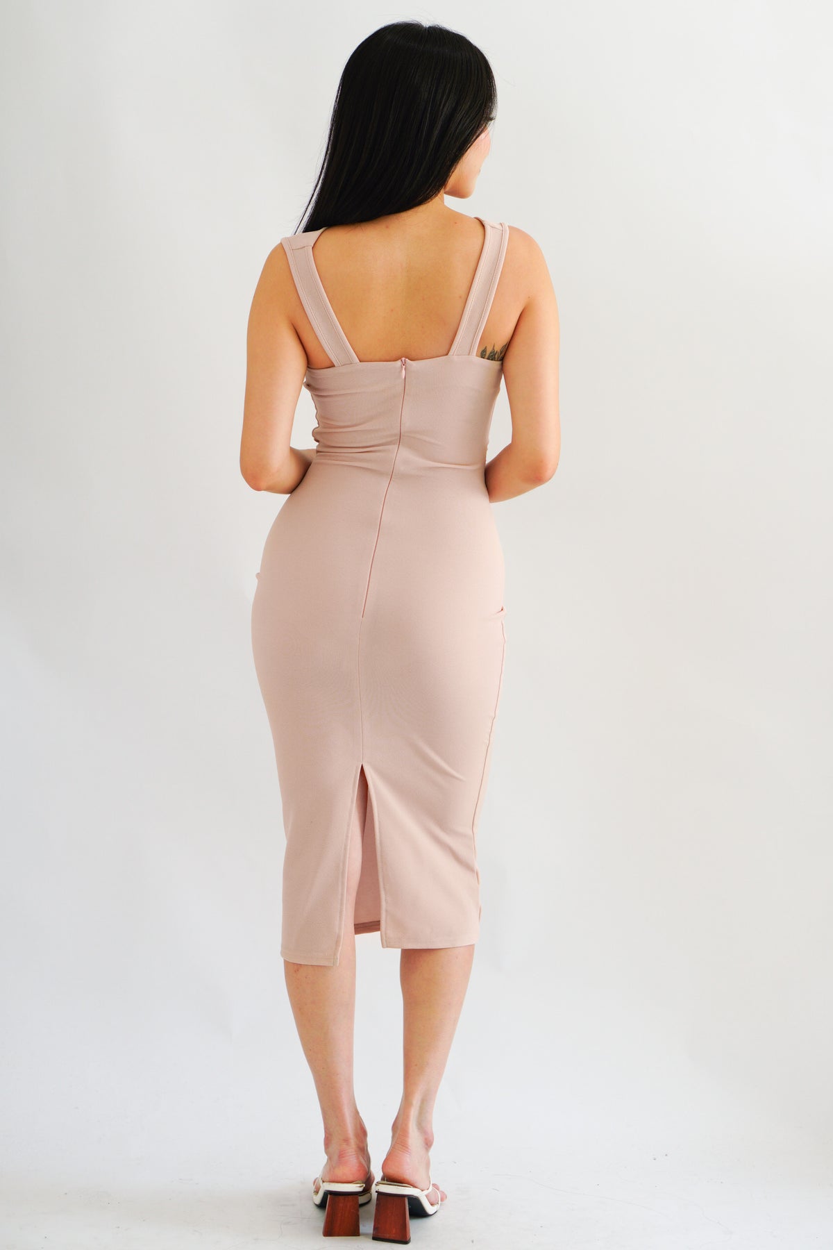 Moonstone Cowl Neck Ruched Bodycon Dress in Pink