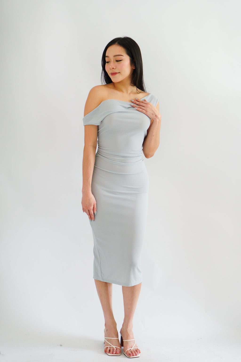Moonstone Cowl Neck Ruched Bodycon Dress in Grey Blue