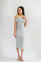 Moonstone Cowl Neck Ruched Bodycon Dress in Grey Blue