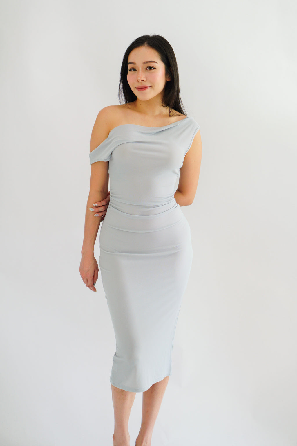 Moonstone Cowl Neck Ruched Bodycon Dress in Grey Blue