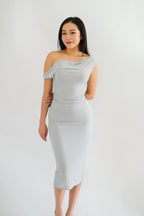 Moonstone Cowl Neck Ruched Bodycon Dress in Grey Blue