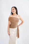 Eclipse Ruched Drape Mesh Top in Khaki
