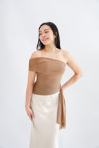 Eclipse Ruched Drape Mesh Top in Khaki
