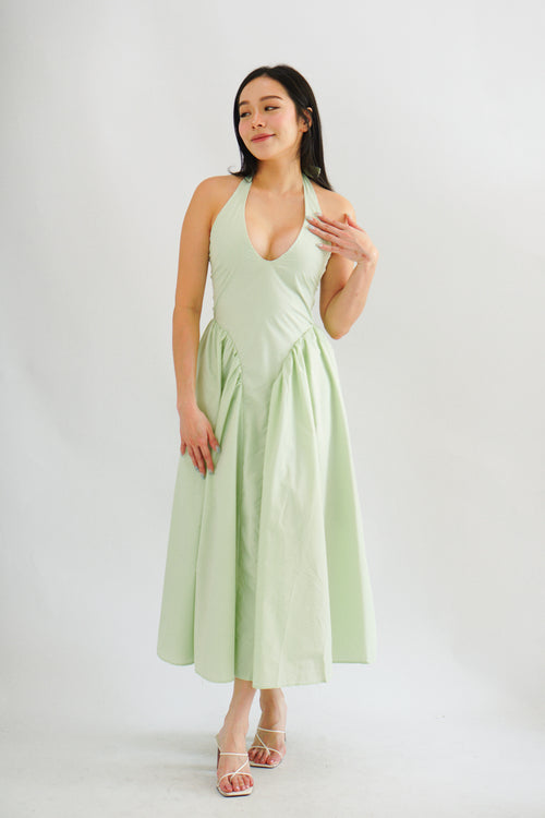 Melbourne Self Tied Halter Neck V Neck Maxi Dress in Green