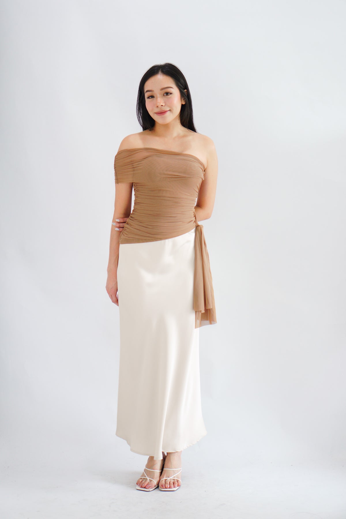 Eclipse Ruched Drape Mesh Top in Khaki