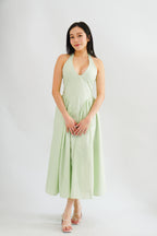 Melbourne Self Tied Halter Neck V Neck Maxi Dress in Green