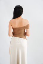 Eclipse Ruched Drape Mesh Top in Khaki