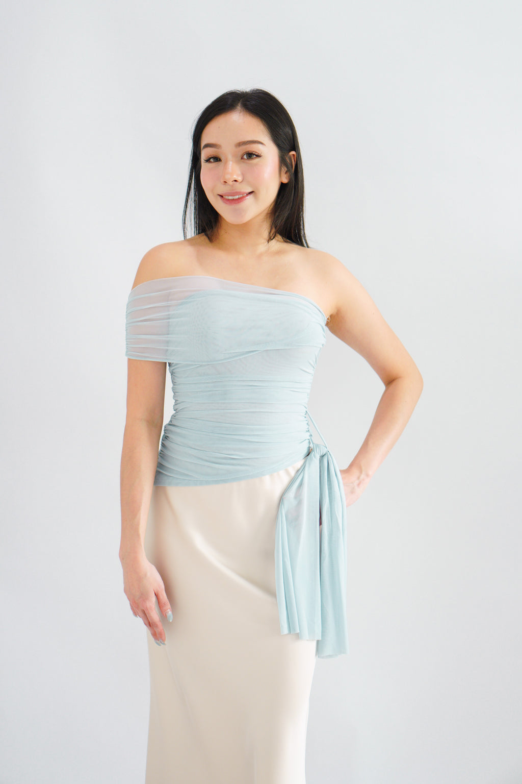Eclipse Ruched Drape Mesh Top in Blue