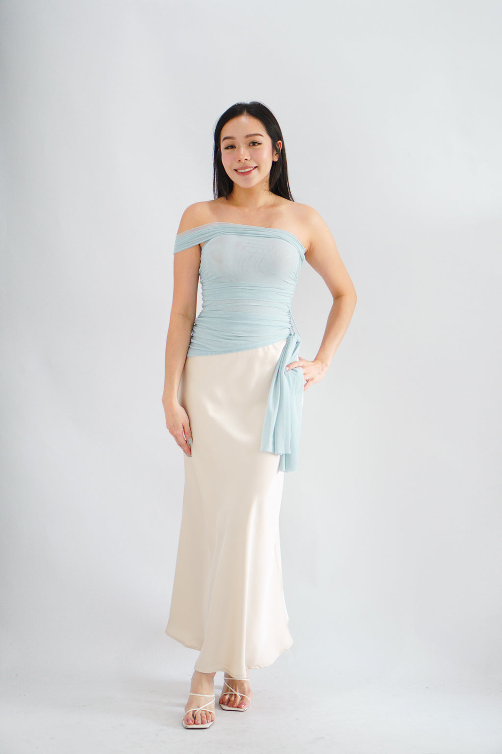 Eclipse Ruched Drape Mesh Top in Blue