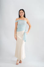 Eclipse Ruched Drape Mesh Top in Blue