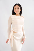 Starlia Long Sleeve Ruched Drape Mesh Toga Top in Beige