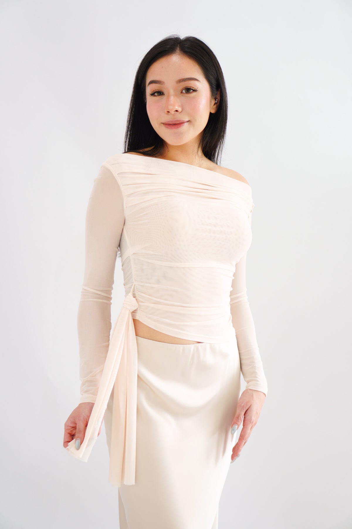 Starlia Long Sleeve Ruched Drape Mesh Toga Top in Beige