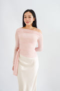 Starlia Long Sleeve Ruched Drape Mesh Toga Top in Pink