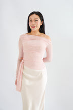 Starlia Long Sleeve Ruched Drape Mesh Toga Top in Pink