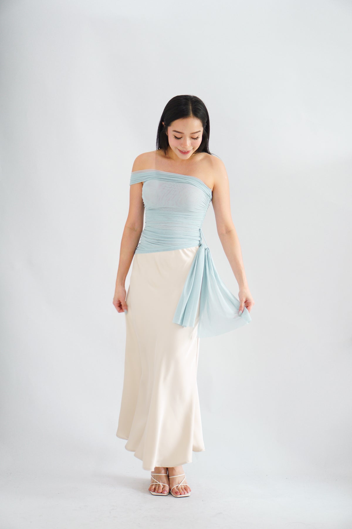 Eclipse Ruched Drape Mesh Top in Blue