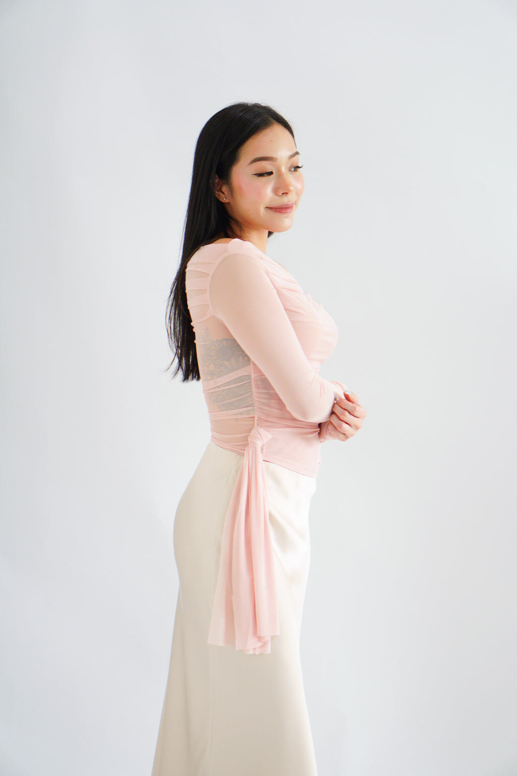 Starlia Long Sleeve Ruched Drape Mesh Toga Top in Pink