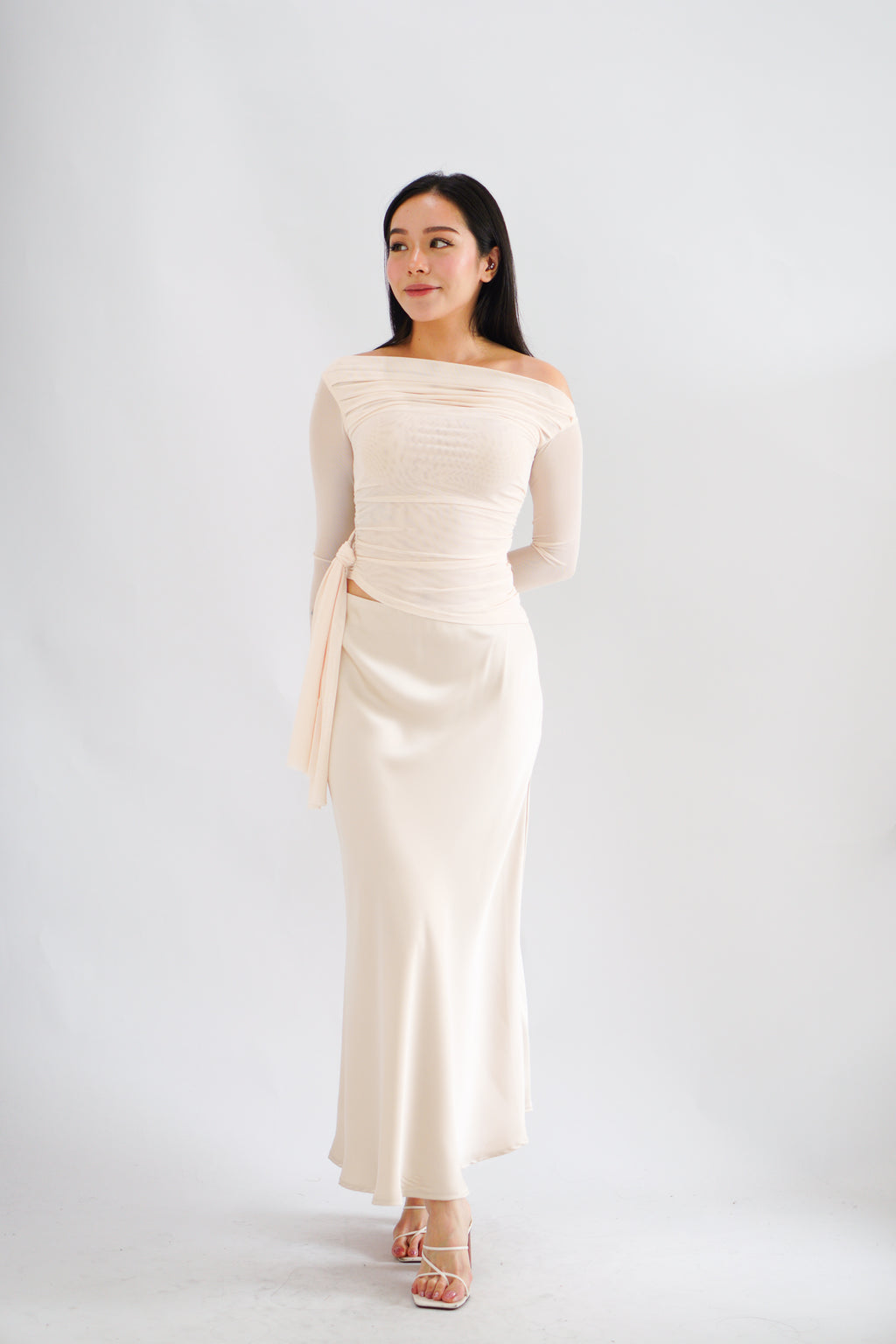 Starlia Long Sleeve Ruched Drape Mesh Toga Top in Beige