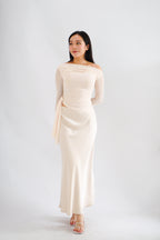 Starlia Long Sleeve Ruched Drape Mesh Toga Top in Beige