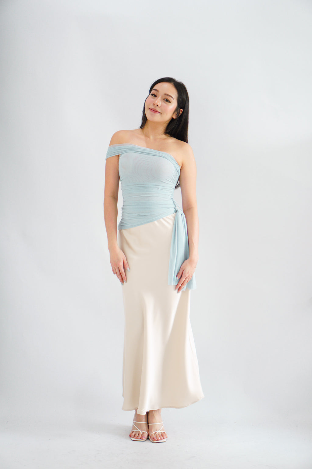 Eclipse Ruched Drape Mesh Top in Blue