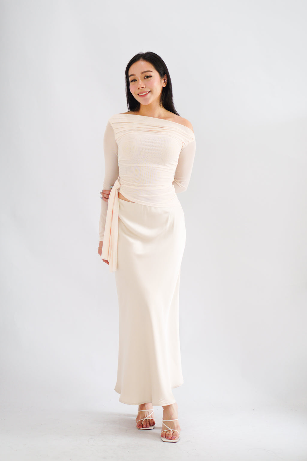 Starlia Long Sleeve Ruched Drape Mesh Toga Top in Beige
