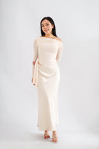 Starlia Long Sleeve Ruched Drape Mesh Toga Top in Beige