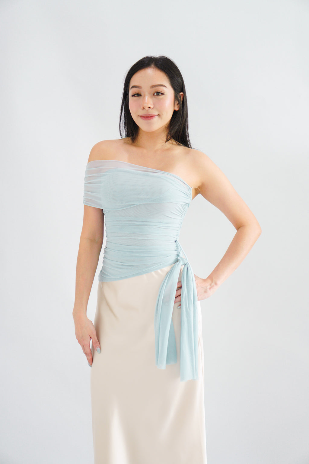 Eclipse Ruched Drape Mesh Top in Blue