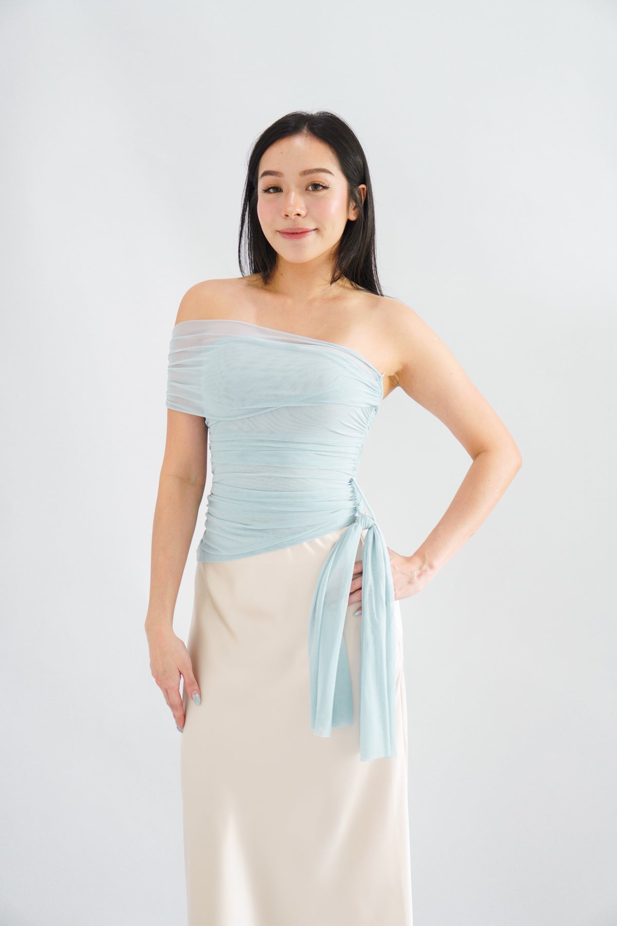 Eclipse Ruched Drape Mesh Top in Blue