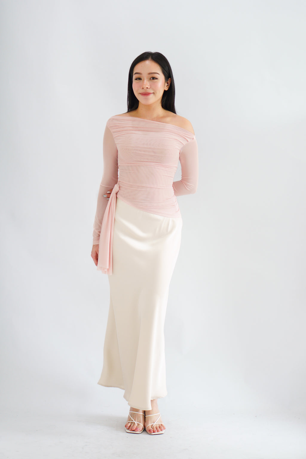 Starlia Long Sleeve Ruched Drape Mesh Toga Top in Pink