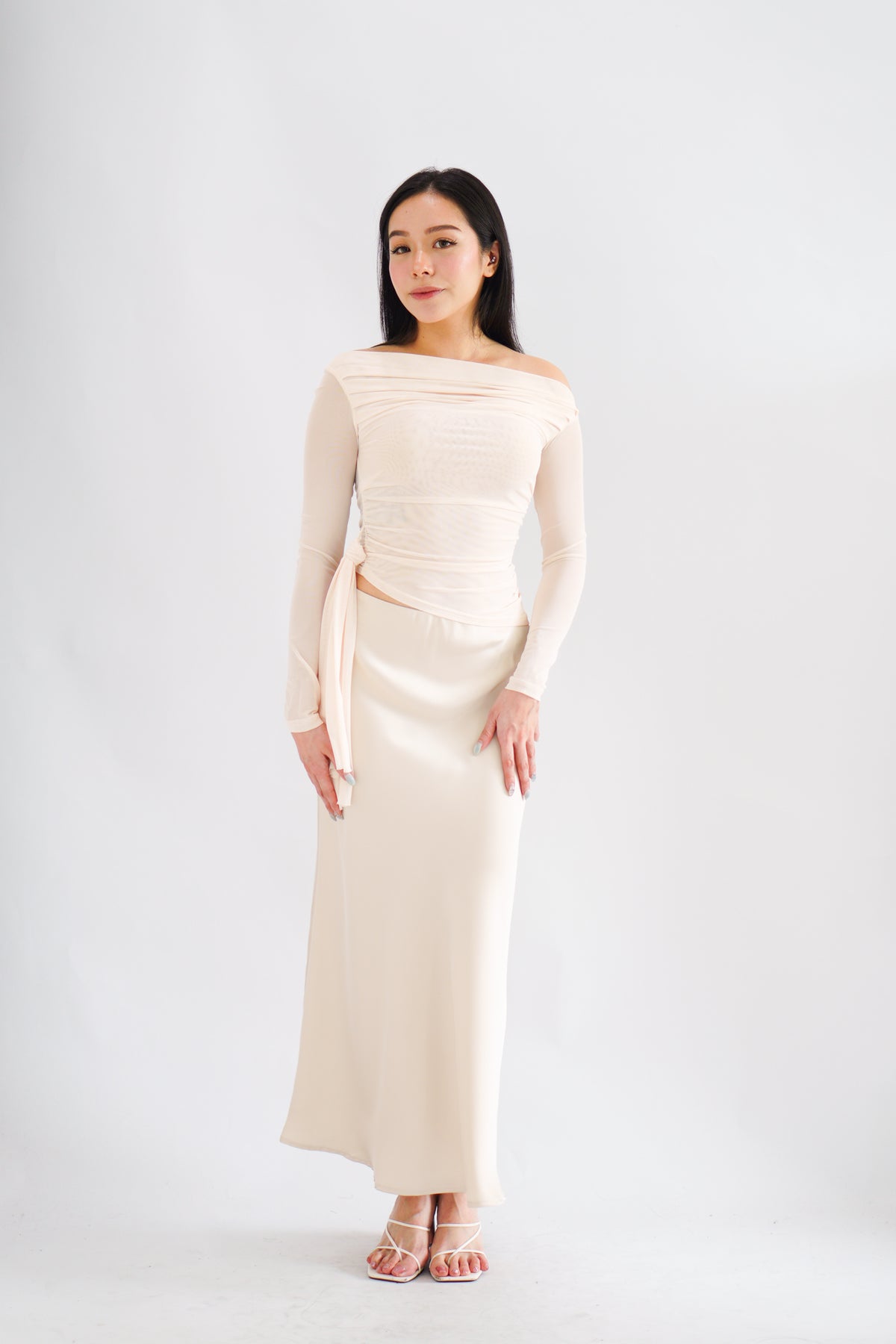 Starlia Long Sleeve Ruched Drape Mesh Toga Top in Beige