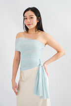 Eclipse Ruched Drape Mesh Top in Blue