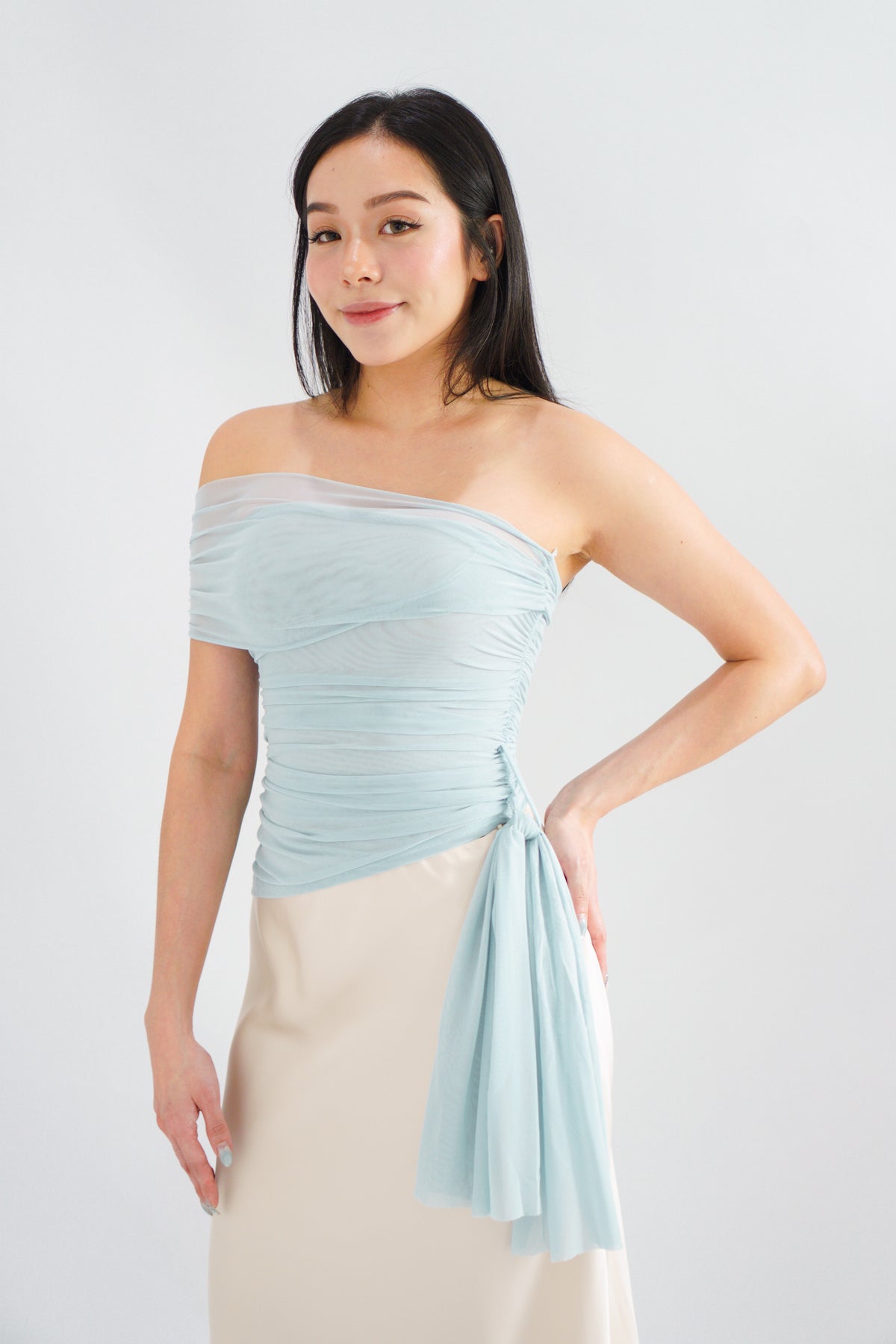 Eclipse Ruched Drape Mesh Top in Blue