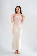 Starlia Long Sleeve Ruched Drape Mesh Toga Top in Pink