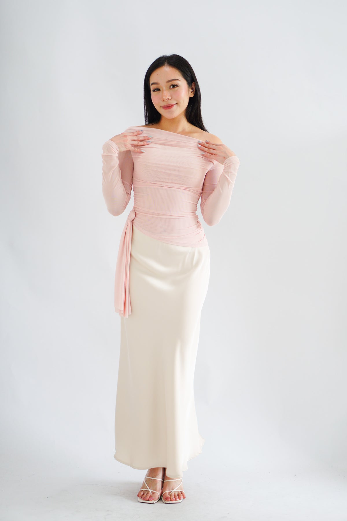 Starlia Long Sleeve Ruched Drape Mesh Toga Top in Pink