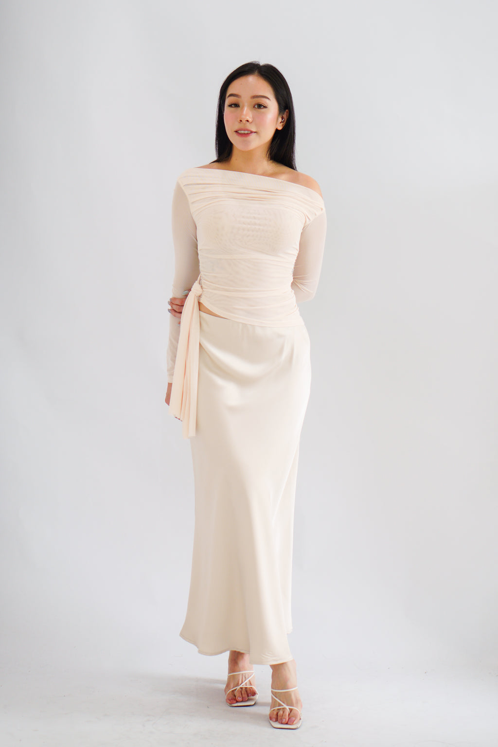 Starlia Long Sleeve Ruched Drape Mesh Toga Top in Beige