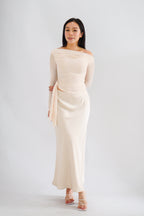 Starlia Long Sleeve Ruched Drape Mesh Toga Top in Beige