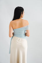 Eclipse Ruched Drape Mesh Top in Blue