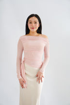 Starlia Long Sleeve Ruched Drape Mesh Toga Top in Pink