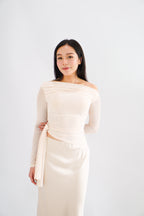 Starlia Long Sleeve Ruched Drape Mesh Toga Top in Beige