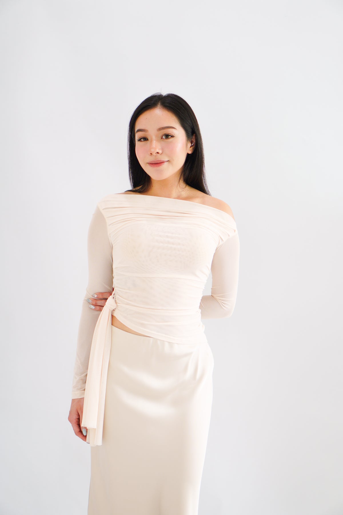 Starlia Long Sleeve Ruched Drape Mesh Toga Top in Beige
