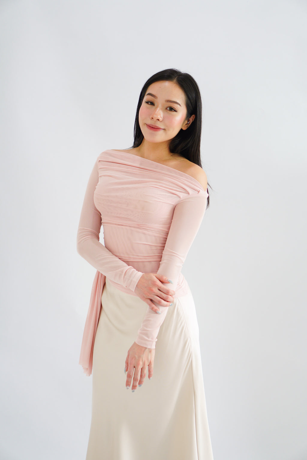 Starlia Long Sleeve Ruched Drape Mesh Toga Top in Pink