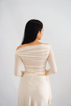 Starlia Long Sleeve Ruched Drape Mesh Toga Top in Beige