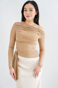 Starlia Long Sleeve Ruched Drape Mesh Toga Top in Khaki