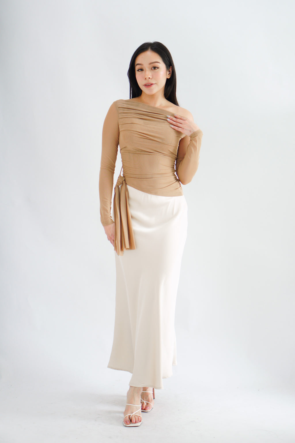 Starlia Long Sleeve Ruched Drape Mesh Toga Top in Khaki