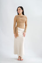 Starlia Long Sleeve Ruched Drape Mesh Toga Top in Khaki