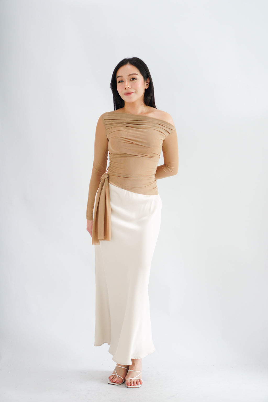 Starlia Long Sleeve Ruched Drape Mesh Toga Top in Khaki