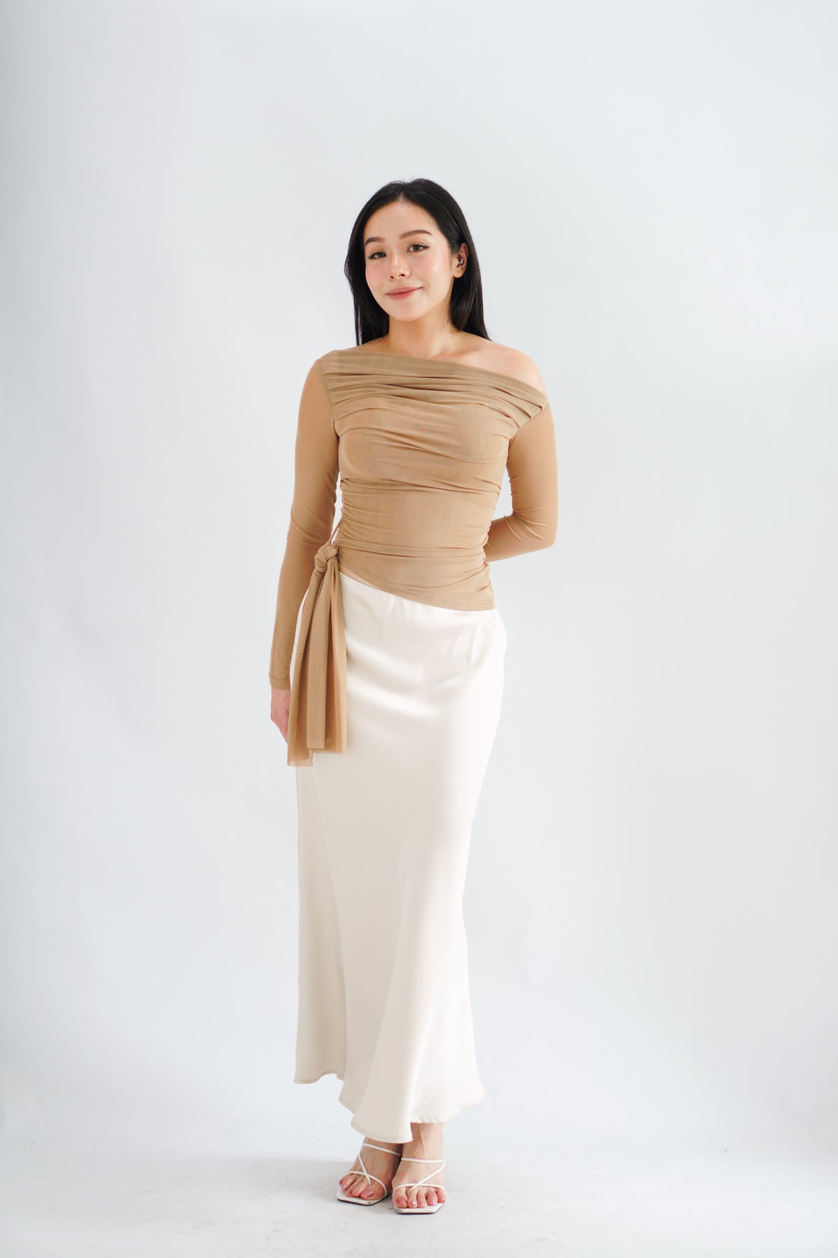 Starlia Long Sleeve Ruched Drape Mesh Toga Top in Khaki