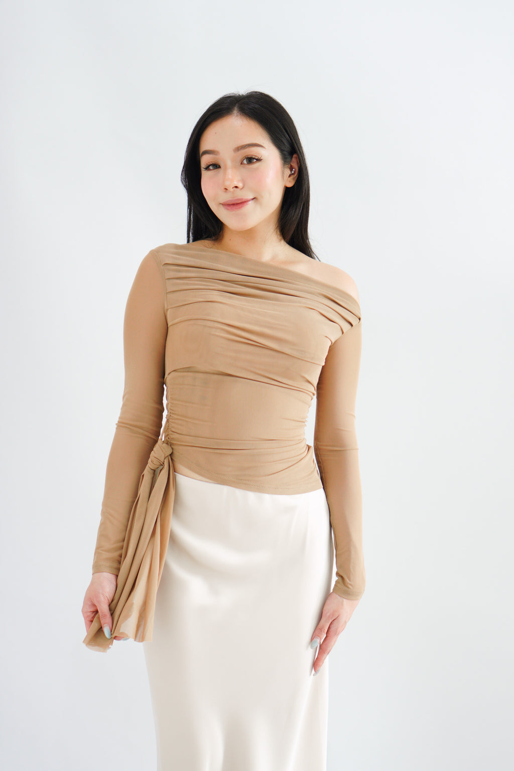 Starlia Long Sleeve Ruched Drape Mesh Toga Top in Khaki
