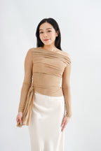 Starlia Long Sleeve Ruched Drape Mesh Toga Top in Khaki